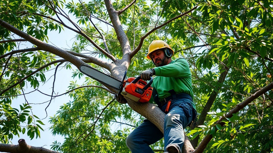 Emergency tree removal in Austin, worker cutting branches.