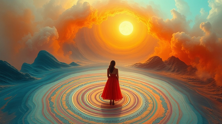 Surreal scene of woman on colorful pattern, representing nutritional support for infertility.