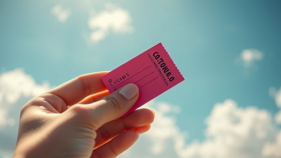 Close-up of a woman's hand holding a ticket against a blue sky.