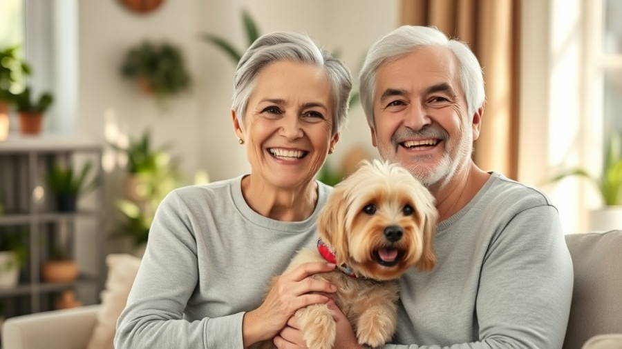 Smiling couple with aging dog in sunny indoor setting, aging in dogs.