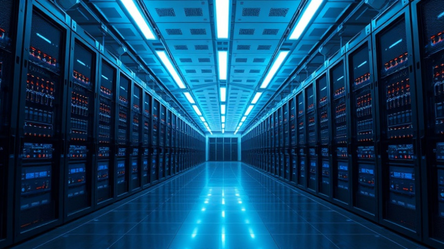 Vast data center with glowing servers highlighting AI investment opportunities.