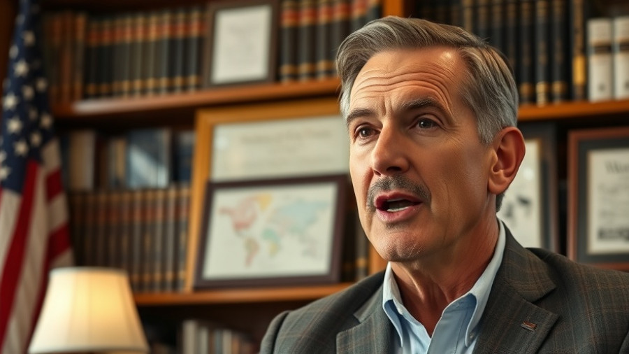 Mature man speaking about Trump's plan to replace Obamacare in an office with bookshelves.