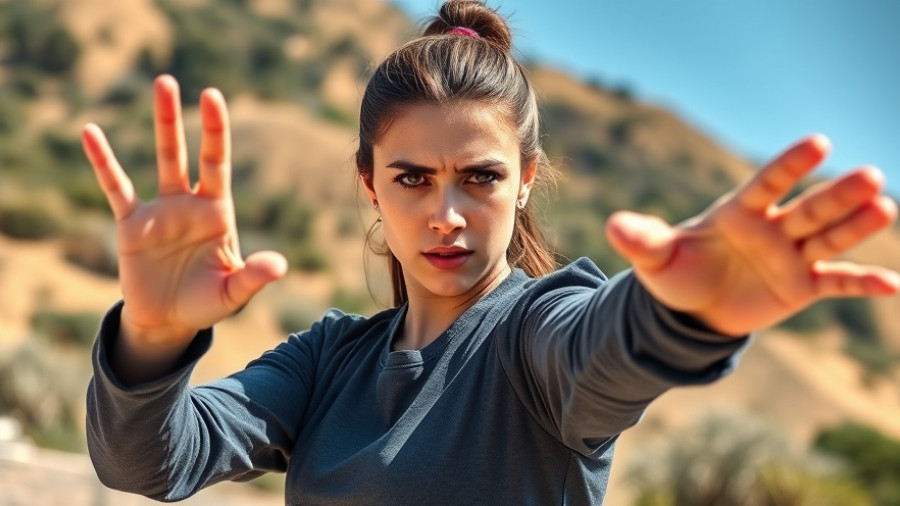 Confident young woman practicing introductory self-defense skills outdoors.