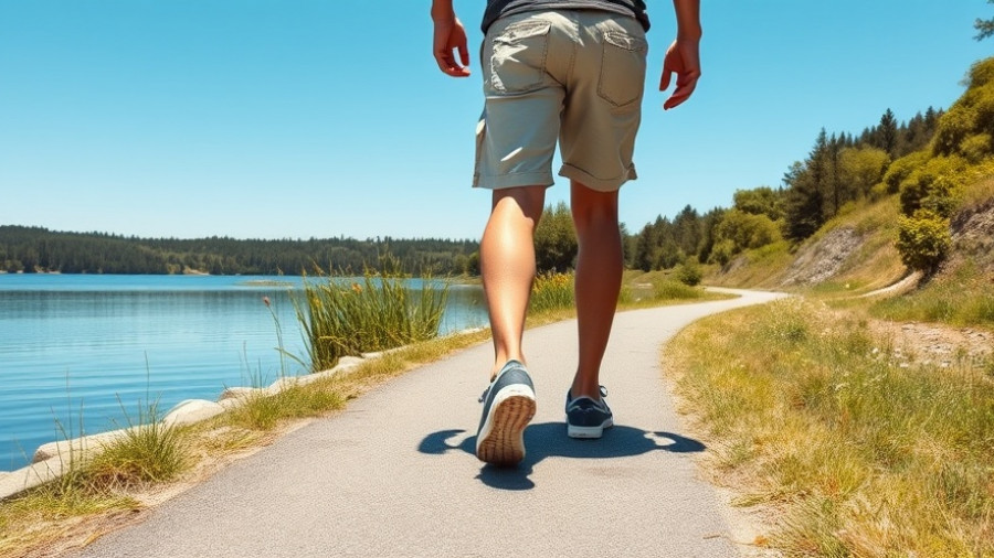 Person walking by a lake with greenery, showcasing benefits of daily steps.