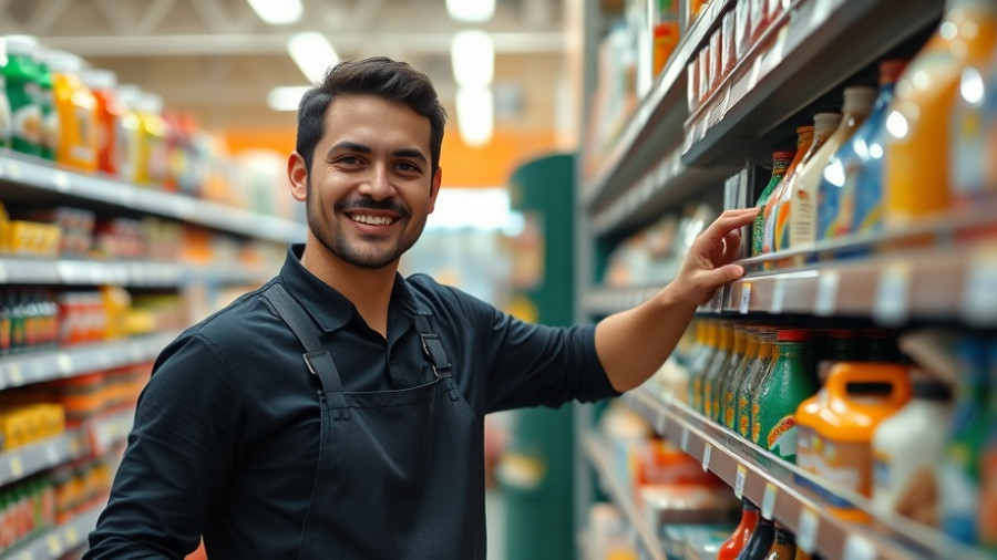 Smiling young volunteer stocking shelves in a store, autistic volunteer job offer.