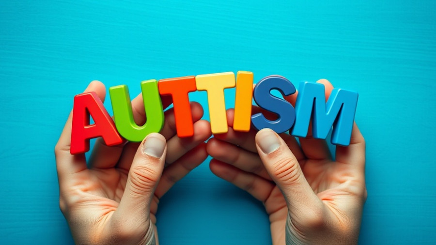 Colorful autism letters with hands on blue background; recognizing autism behavior signs Muskegon.
