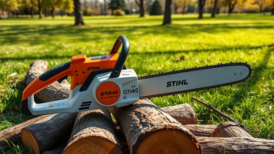 Stihl GTA 40 battery-powered pruning saw on logs in a park.