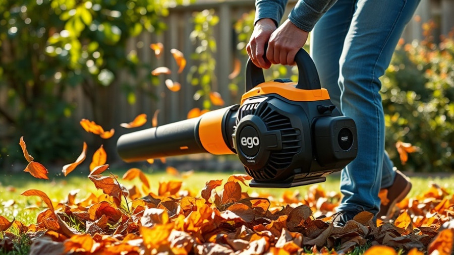 EGO LBX1000 commercial leaf blower in use on a garden pathway.