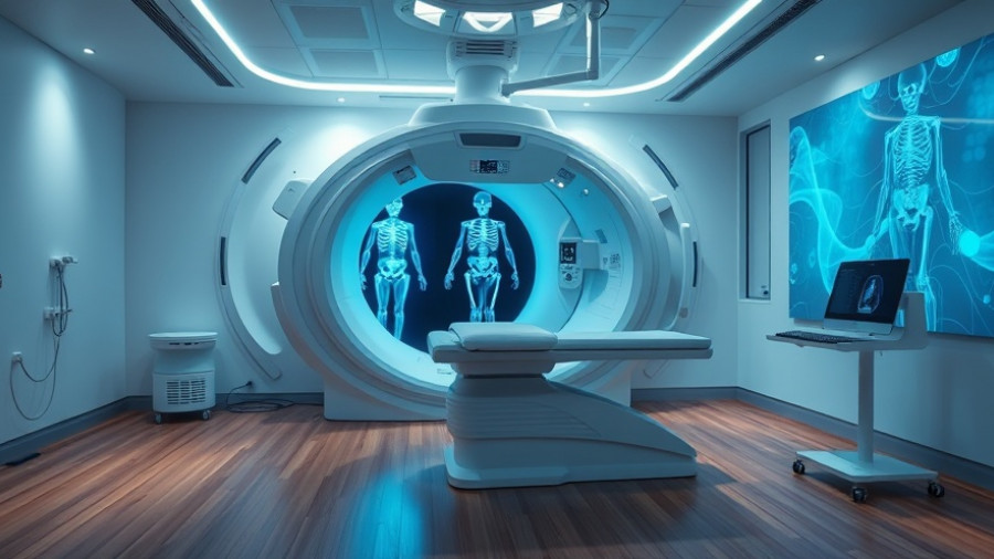 Futuristic medical room with curved ultrasound array displaying skeleton.