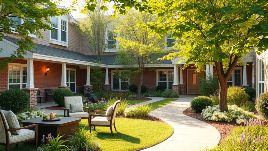 Senior living community courtyard in South Pasadena with greenery.