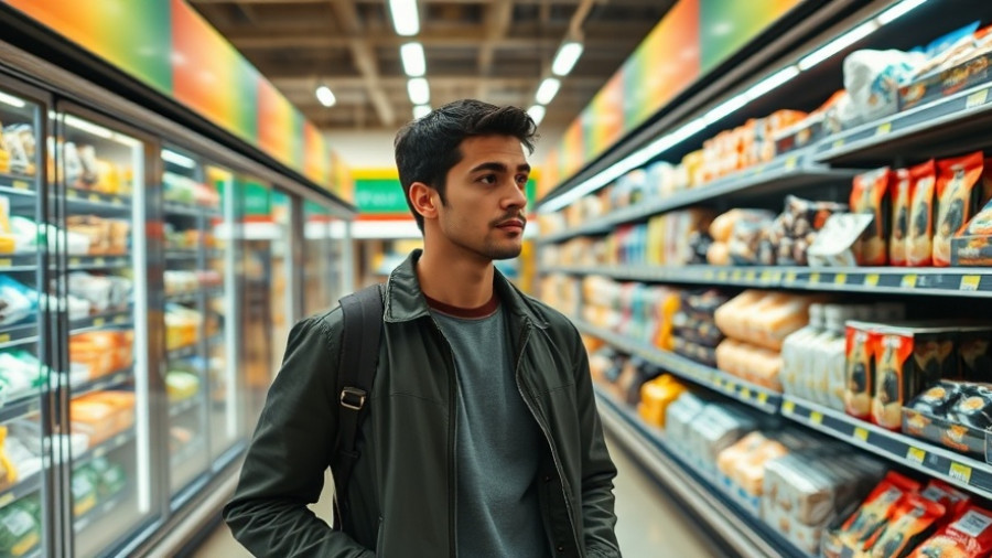 Person shopping in a brightly lit supermarket frozen aisle.