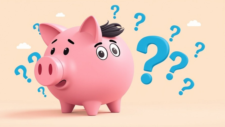 Cartoon piggy bank with man and question marks about Social Security check.