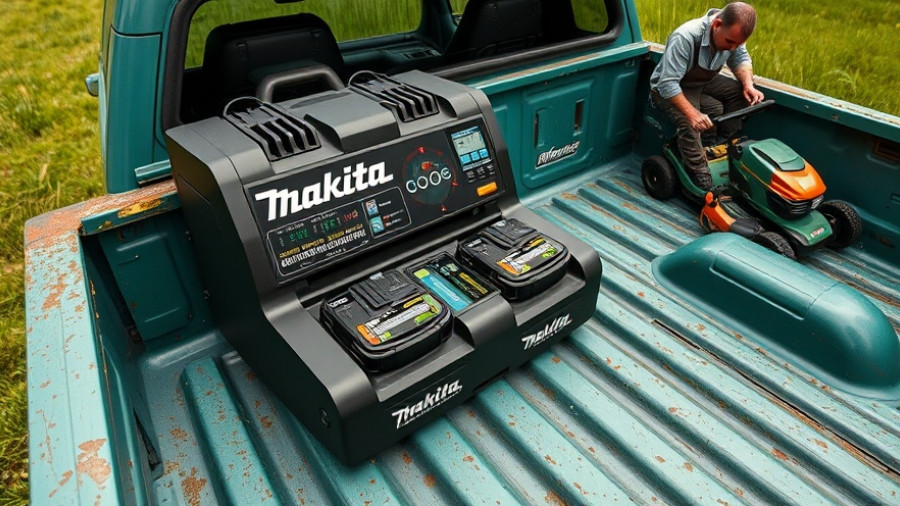 Makita battery charging unit in a truck bed outdoors with a person mowing.