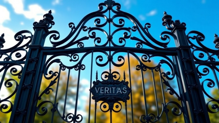 Ornate wrought iron gate with 'VERITAS' signifying Class of 2029 yield.