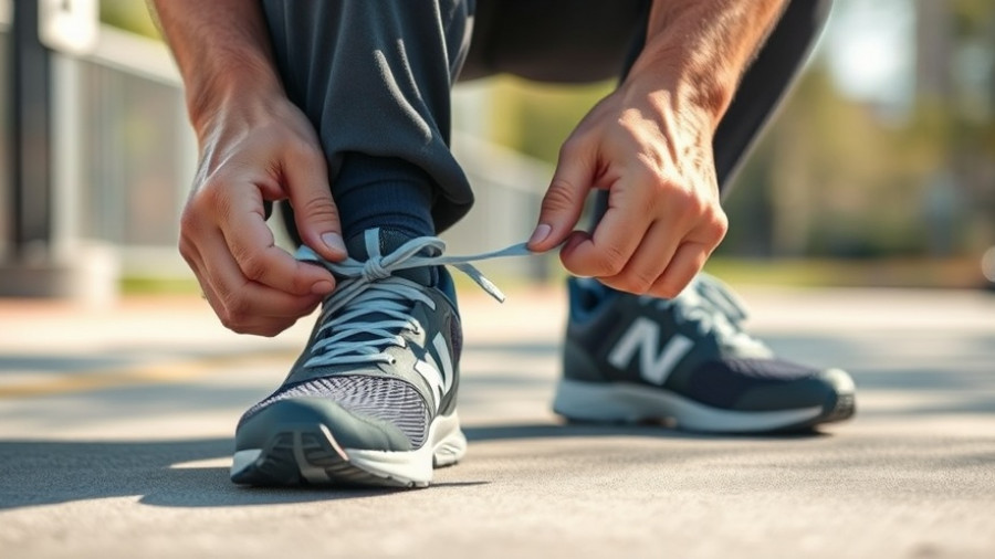 Senior preparing for exercise by tying shoelaces outdoors.