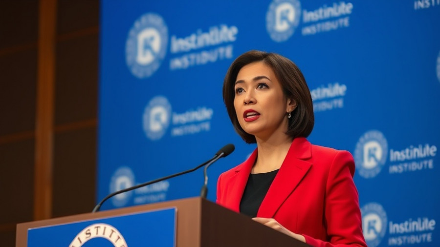 Woman speaking at podium on corporate tyranny protection laws.