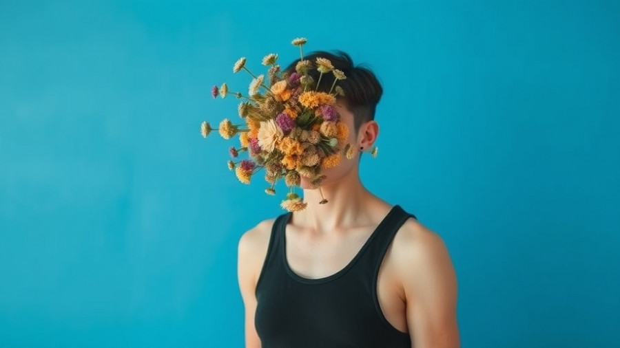 Person with dried flowers covering face against blue backdrop, minimalistic style.