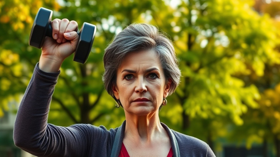 Older woman building muscle after 50 by lifting weights outdoors