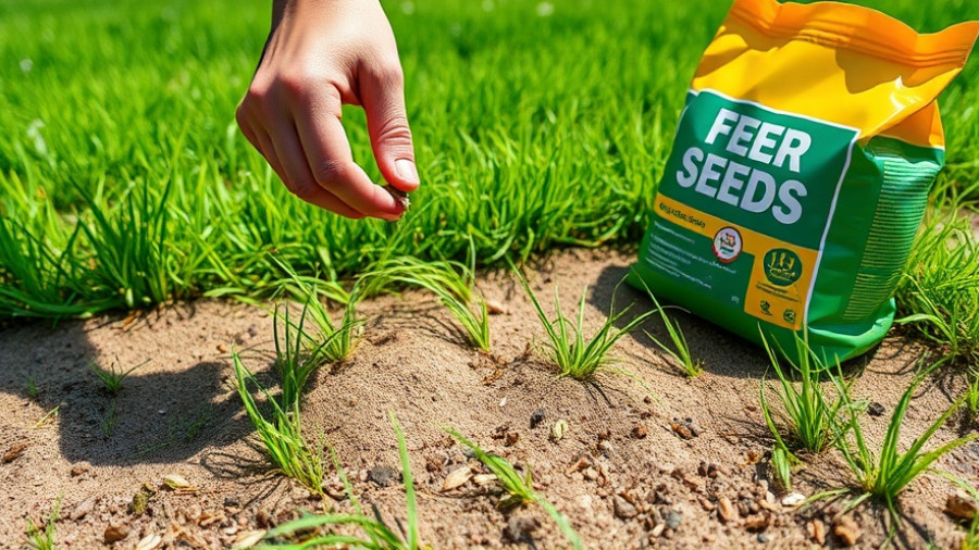 Applying grass seed on dry lawn with fertilizer bag - lawn care.