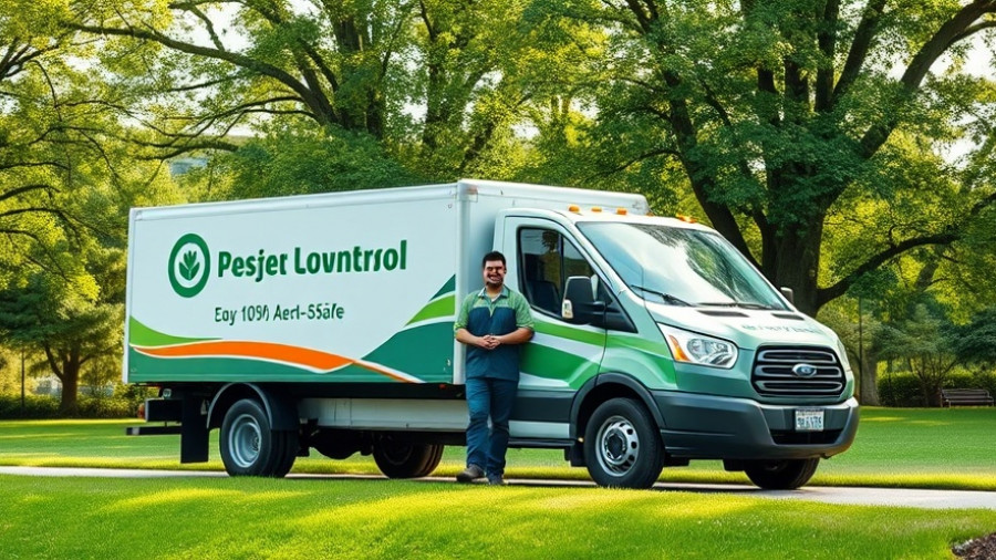 Lawn care service truck with worker in Macon GA, promoting services.