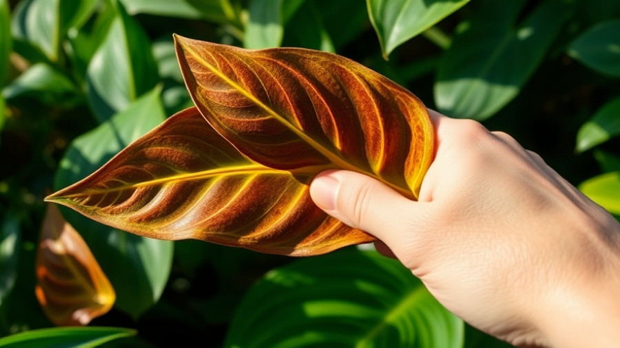 Inspecting drooping Alocasia leaves in a lush garden environment.