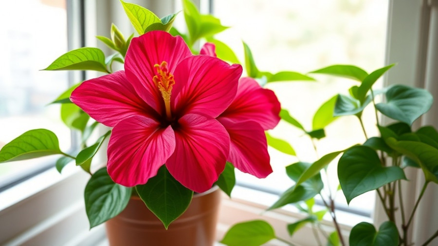 Bring potted hibiscus indoors for winter, vibrant plant by window.