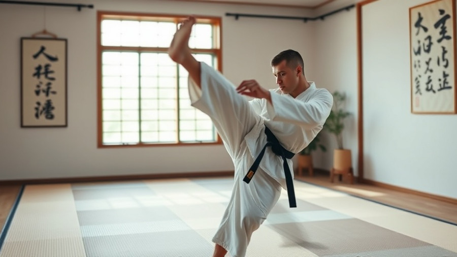 Man self-training in karate at home with intense focus.