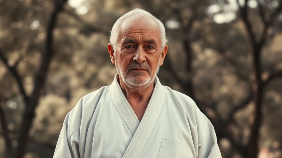 Elderly man in traditional karate attire outdoors, vintage feel.