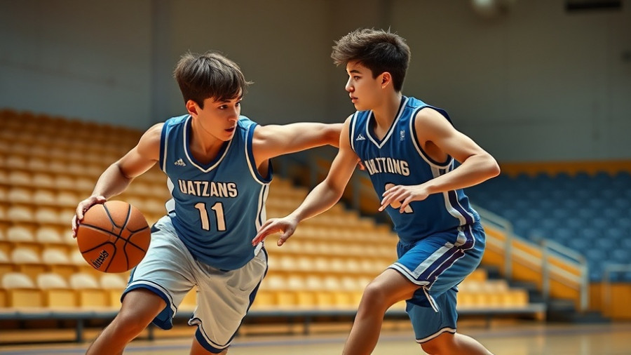Two basketball players in action in an indoor arena.