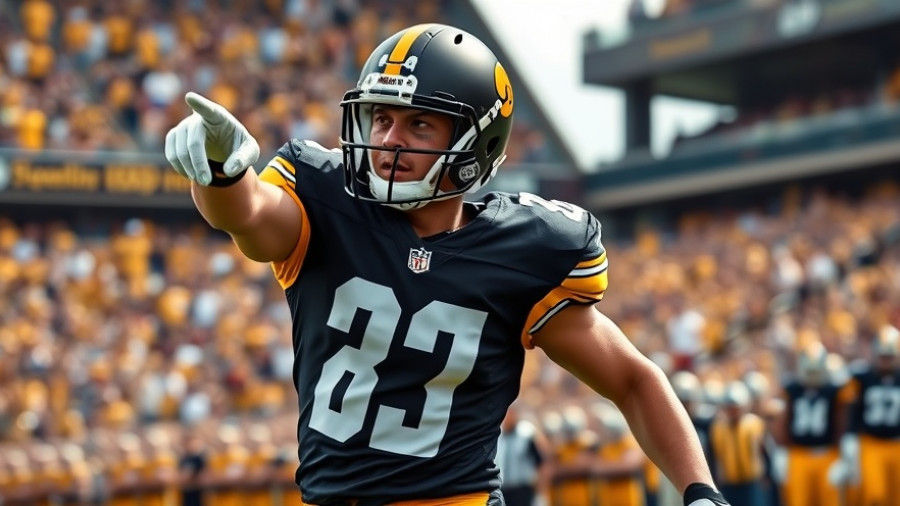 Football player in black-yellow uniform, pointing during game