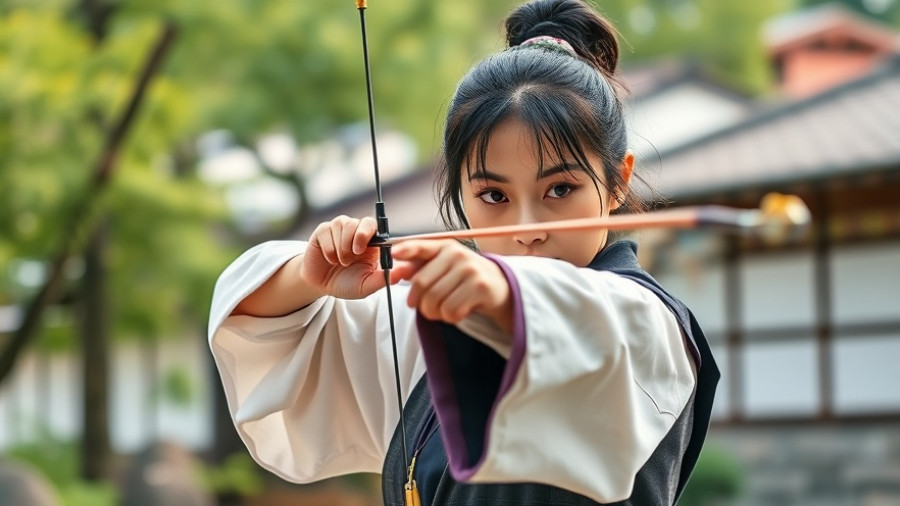 Oahu kyudojo: Woman practicing archery outdoors, focused and precise.