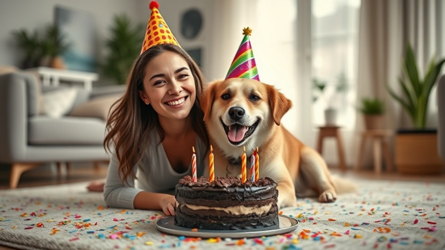 Woman and dog with party hats celebrating birthday with cake, Muskegon.