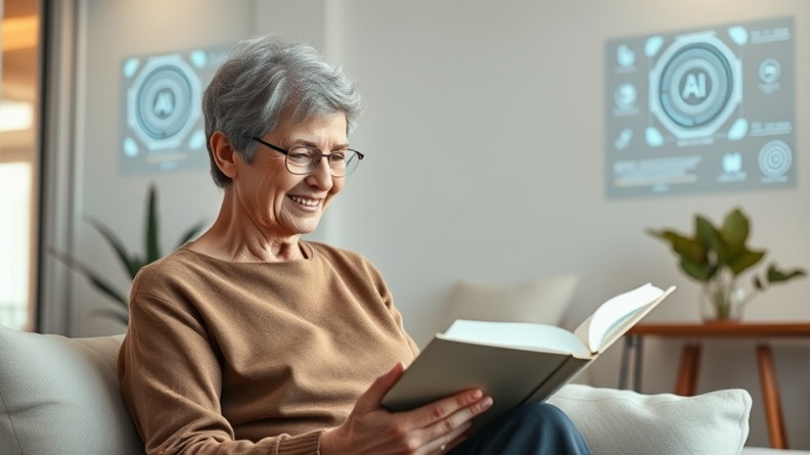 Elderly woman reading with AI technology in modern living room, AI technologies for senior care.