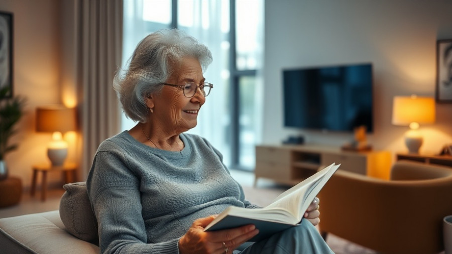 Elderly woman using AI technology for senior safety in a modern room.