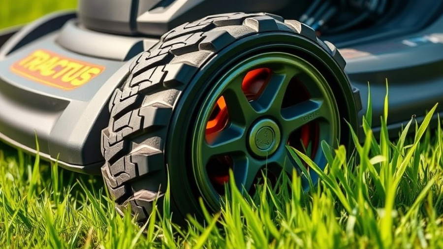 Tractus Drive Tire System on modern lawn mower in grass.