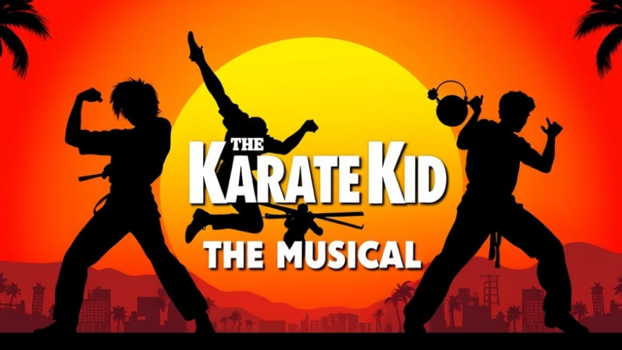 Poster for 'The Karate Kid The Musical' Manchester showing karate silhouettes against sunset.