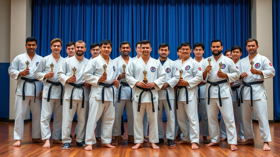 Laois karate team celebrating success at competition with trophies.