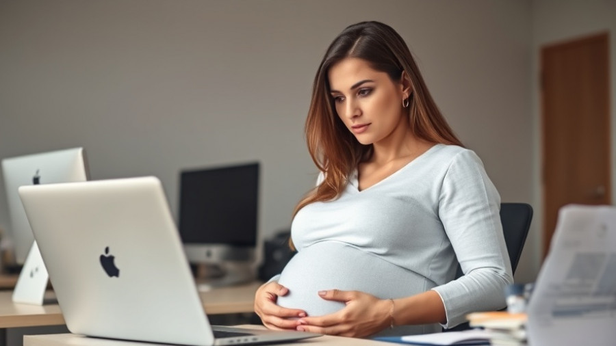 Pregnant woman using laptop in office, insurance coverage denial during pregnancy.
