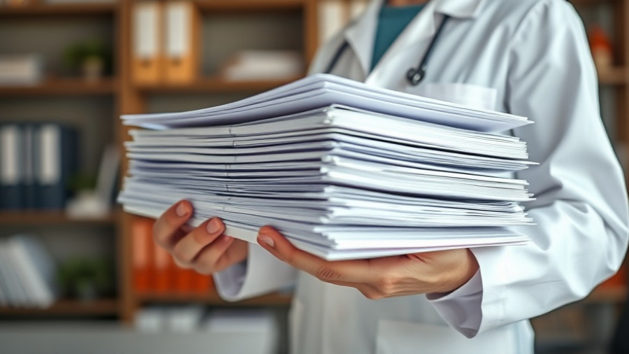 Researcher evaluating new autism studies with a stack of documents.