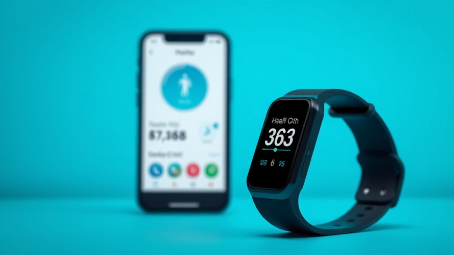 Wearable medical devices displaying health data on smartphone and tracker.