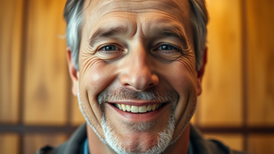 Middle-aged man smiling indoors, highlighting disability humor in Muskegon.