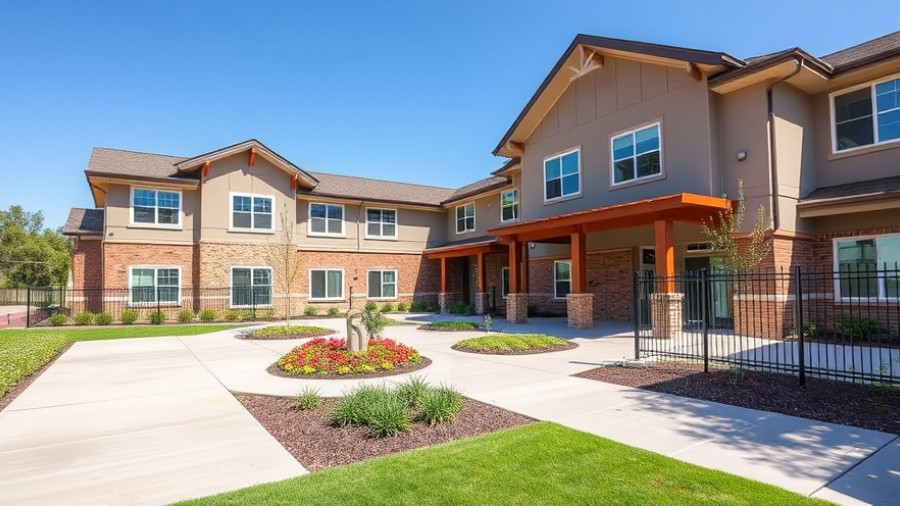 Affordable senior living community building exterior with clear sky