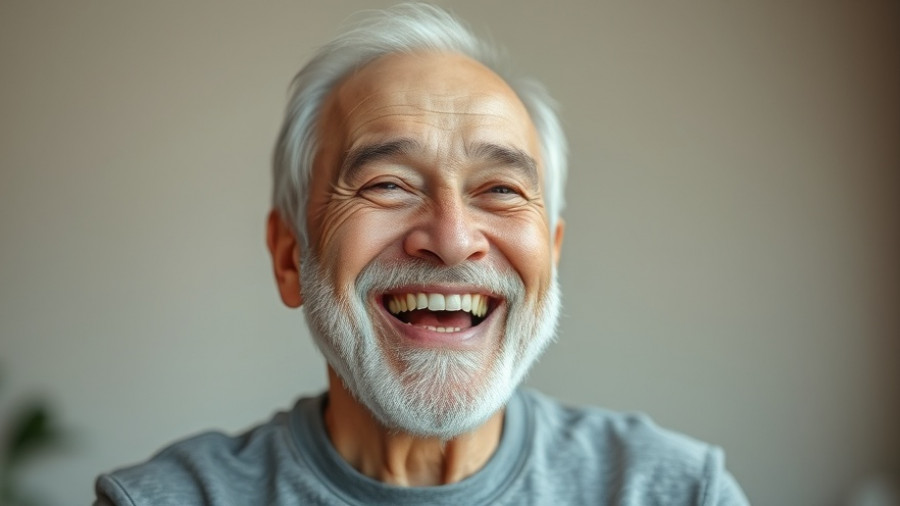 Joyful older man expressing humor connected to independent living.