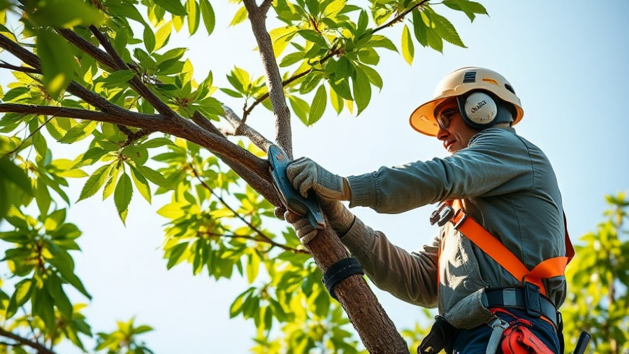 Arborist trimming tree branches, emphasizing wildfire risk prevention.