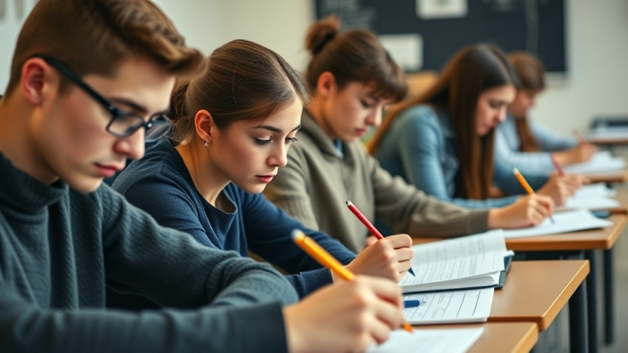 Students taking an exam in a classroom for Harvard education policy initiative.