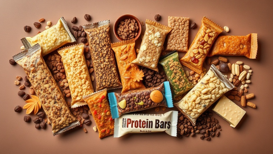 Assorted snack bars linked to sugar alcohols and gut health on brown surface.