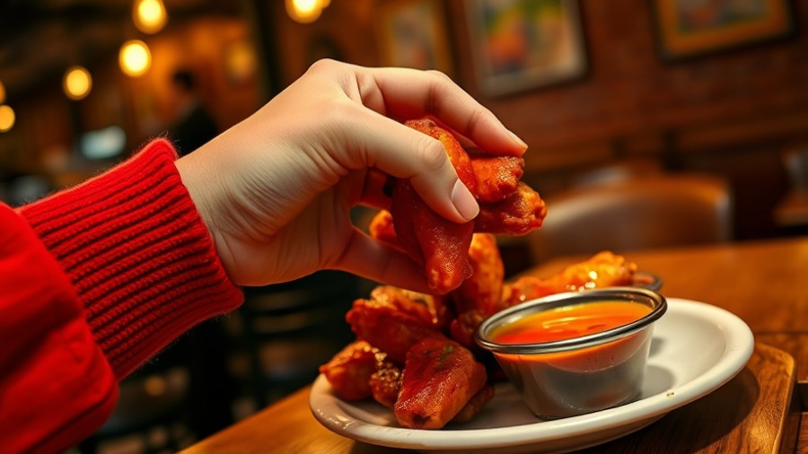 Person eating chicken wings with sauce at a table, foodborne UTIs from contaminated meat.