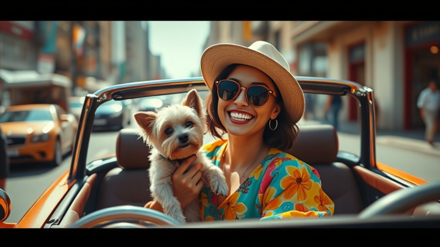 Woman in colorful outfit with dog enjoying a drive in sunny city, embracing singlehood.