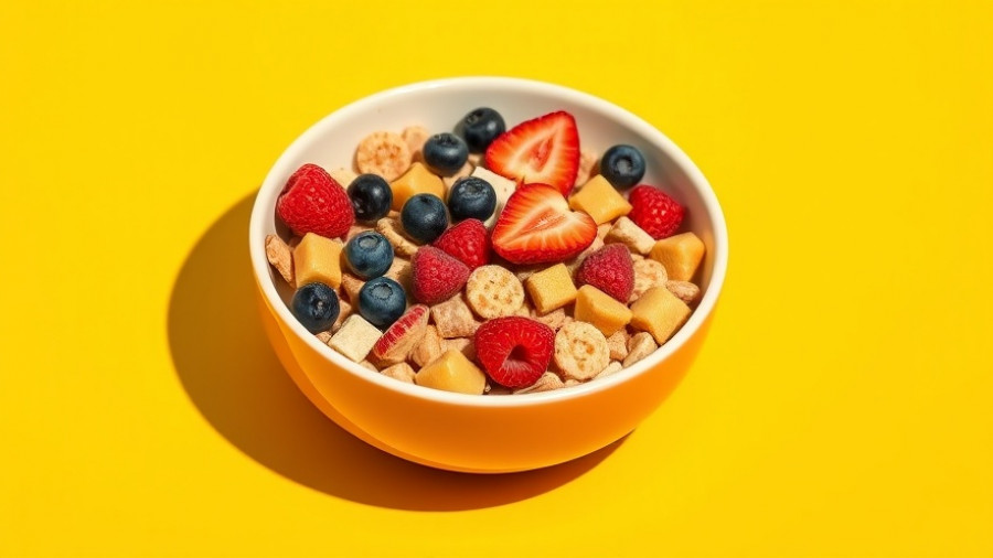 Colorful breakfast cereal with fresh fruits against yellow backdrop.