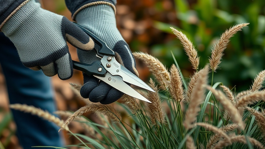 Close-up of gardener dividing ornamental grasses with shears in sunlight.